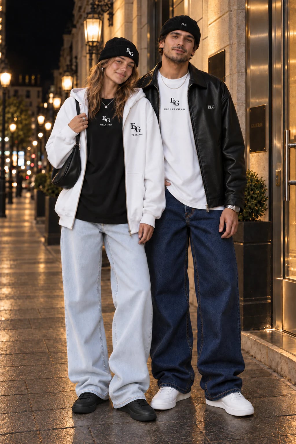 KI-Kampagnenbild eines jungen erwachsenen Mannes und einer jungen erwachsenen Frau, die bei Nacht entspannt zusammen an einem steinernen Hauseingang stehen. Er trägt eine offene schwarze ELG-Jacke, ein weißes T-Shirt über dem Hosenbund, eine schwarze Fisherman-Beanie und tief indigoblaue Baggy-Jeans; sie einen offenen weißen Hoodie, ein schwarzes T-Shirt über dem Hosenbund, eine schwarze Beanie und sehr hell eisblau gewaschene Baggy-Jeans mit schlichten schwarzen Sneakern.